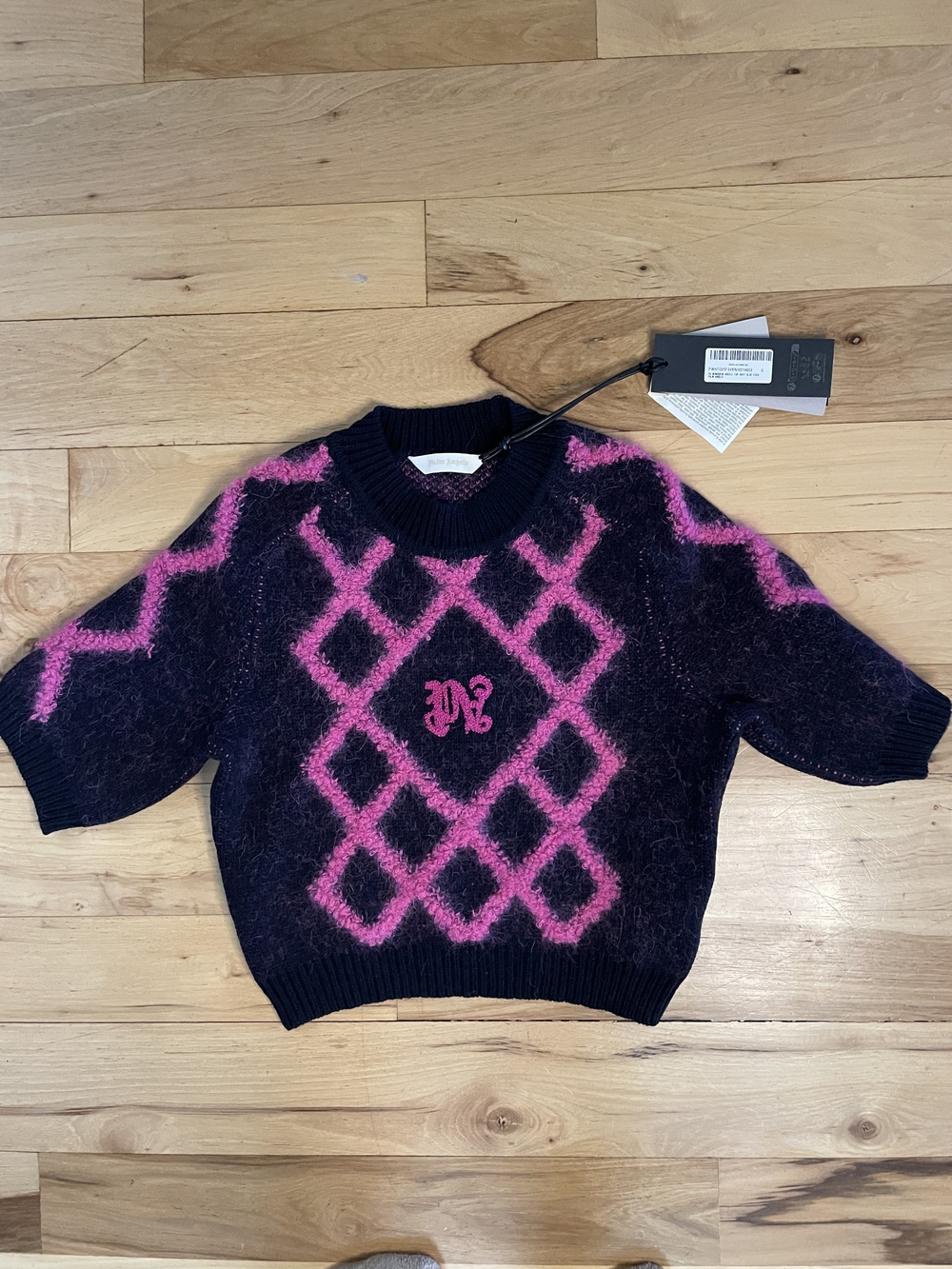 Palm Angels Cropped Argyle Fuzzy Knit Sweater NWT